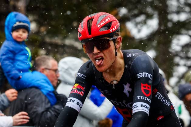 Australian Michael Storer of Tudor Pro Cycling Team celebrates as he crosses the finish line to win stage seven of the 83th edition of the Paris-Nice cycling race, 147,8 km from Nice to Auron, France, Saturday 15 March 2025. DAVIDxPINTENS x115005420x