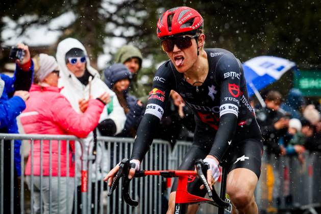 Australian Michael Storer of Tudor Pro Cycling Team celebrates as he crosses the finish line to win stage seven of the 83th edition of the Paris-Nice cycling race, 147,8 km from Nice to Auron, France, Saturday 15 March 2025. DAVIDxPINTENS x115005424x
