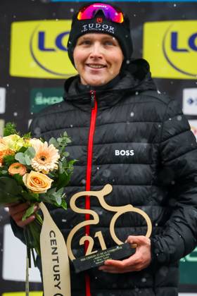 Australian Michael Storer of Tudor Pro Cycling Team celebrates on the podium after winning stage seven of the 83th edition of the Paris-Nice cycling race, 147,8 km from Nice to Auron, France, Saturday 15 March 2025. DAVIDxPINTENS x115007139x
