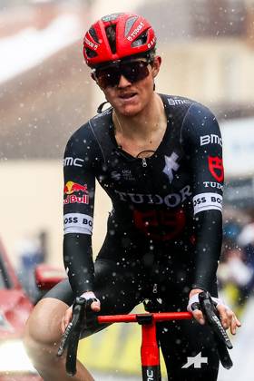 Australian Michael Storer of Tudor Pro Cycling Team celebrates as he crosses the finish line to win stage seven of the 83th edition of the Paris-Nice cycling race, 147,8 km from Nice to Auron, France, Saturday 15 March 2025. DAVIDxPINTENS x115007321x