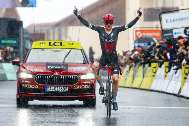 Australian Michael Storer of Tudor Pro Cycling Team celebrates as he crosses the finish line to win stage seven of the 83th edition of the Paris-Nice cycling race, 147,8 km from Nice to Auron, France, Saturday 15 March 2025. DAVIDxPINTENS x115008119x