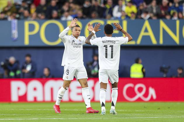 March 15, 2025, Villarreal, Castellon, SPAIN: Kylian Mbappe of Real Madrid celebrates a goal with teammates during the Spanish league, LaLiga EA Sports, football match played between Villarreal CF and Real Madrid CF at La Ceramica stadium on March 15, 2025, in Villarreal, Spain. Villarreal SPAIN - ZUMAa181 20250315_zaa_a181_061 Copyright: xIvanxTerronx