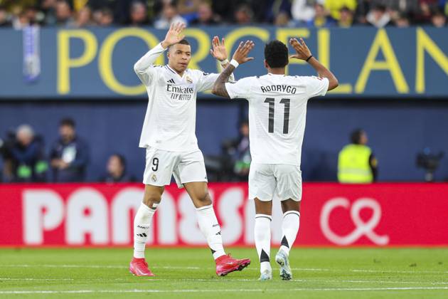 March 15, 2025, Villarreal, Castellon, SPAIN: Kylian Mbappe of Real Madrid celebrates a goal with teammates during the Spanish league, LaLiga EA Sports, football match played between Villarreal CF and Real Madrid CF at La Ceramica stadium on March 15, 2025, in Villarreal, Spain. Villarreal SPAIN - ZUMAa181 20250315_zaa_a181_062 Copyright: xIvanxTerronx