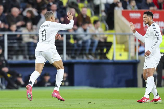 March 15, 2025, Villarreal, Castellon, SPAIN: Kylian Mbappe of Real Madrid celebrates a goal with teammates during the Spanish league, LaLiga EA Sports, football match played between Villarreal CF and Real Madrid CF at La Ceramica stadium on March 15, 2025, in Villarreal, Spain. Villarreal SPAIN - ZUMAa181 20250315_zaa_a181_063 Copyright: xIvanxTerronx