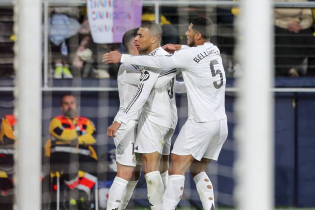 March 15, 2025, Villarreal, Castellon, SPAIN: Kylian Mbappe of Real Madrid celebrates a goal with teammates during the Spanish league, LaLiga EA Sports, football match played between Villarreal CF and Real Madrid CF at La Ceramica stadium on March 15, 2025, in Villarreal, Spain. Villarreal SPAIN - ZUMAa181 20250315_zaa_a181_070 Copyright: xIvanxTerronx