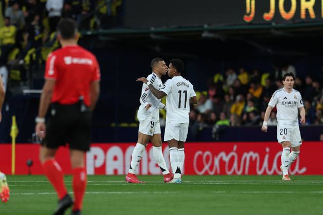 March 15, 2025, Villarreal, Castellon, SPAIN: Kylian Mbappe of Real Madrid celebrates a goal during the Spanish league, LaLiga EA Sports, football match played between Villarreal CF and Real Madrid CF at La Ceramica stadium on March 15, 2025, in Villarreal, Spain. Villarreal SPAIN - ZUMAa181 20250315_zaa_a181_080 Copyright: xIrinaxR.xHipolitox