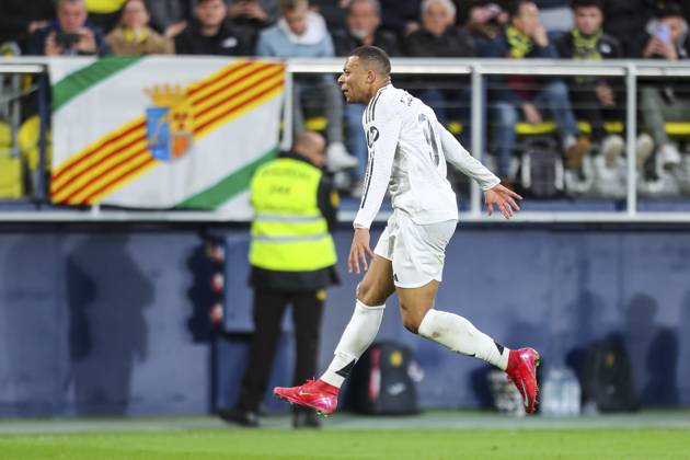 March 15, 2025, Villarreal, Castellon, SPAIN: Kylian Mbappe of Real Madrid celebrates a goal during the Spanish league, LaLiga EA Sports, football match played between Villarreal CF and Real Madrid CF at La Ceramica stadium on March 15, 2025, in Villarreal, Spain. Villarreal SPAIN - ZUMAa181 20250315_zaa_a181_072 Copyright: xIvanxTerronx