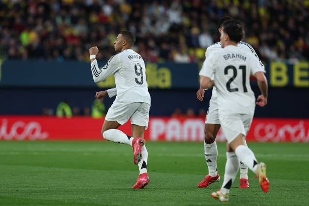 March 15, 2025, Villarreal, Castellon, SPAIN: Kylian Mbappe of Real Madrid celebrates a goal during the Spanish league, LaLiga EA Sports, football match played between Villarreal CF and Real Madrid CF at La Ceramica stadium on March 15, 2025, in Villarreal, Spain. Villarreal SPAIN - ZUMAa181 20250315_zaa_a181_076 Copyright: xIrinaxR.xHipolitox