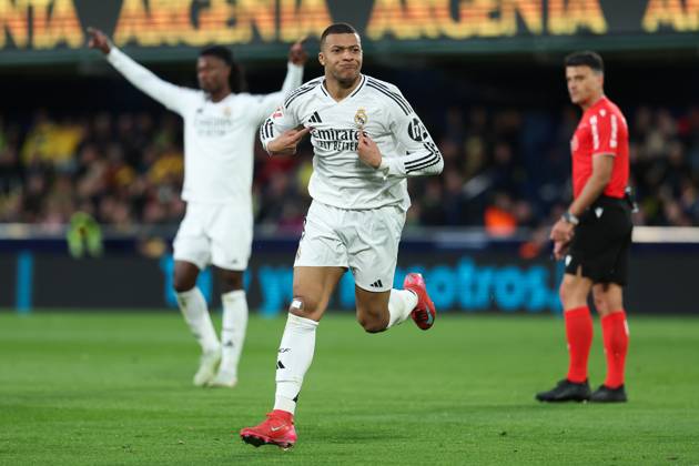 March 15, 2025, Villarreal, Castellon, SPAIN: Kylian Mbappe of Real Madrid celebrates a goal during the Spanish league, LaLiga EA Sports, football match played between Villarreal CF and Real Madrid CF at La Ceramica stadium on March 15, 2025, in Villarreal, Spain. Villarreal SPAIN - ZUMAa181 20250315_zaa_a181_102 Copyright: xIrinaxR.xHipolitox