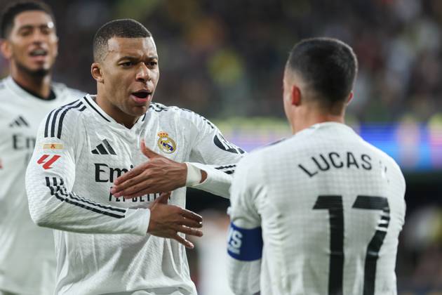 March 15, 2025, Villarreal, Castellon, SPAIN: Kylian Mbappe of Real Madrid celebrates a goal during the Spanish league, LaLiga EA Sports, football match played between Villarreal CF and Real Madrid CF at La Ceramica stadium on March 15, 2025, in Villarreal, Spain. Villarreal SPAIN - ZUMAa181 20250315_zaa_a181_109 Copyright: xIrinaxR.xHipolitox