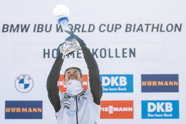 250321 Sturla Holm Laegreid of Norway celebrates with the trophy for the overall Individual Cup after men s 10km sprint during the IBU World Cup on March 21, 2025 in Oslo. Photo: Mathias Bergeld BILDBYRAN kod MB MB1109 skidskytte biathlon skiskyting världscupen ibu world cup sprint bbeng norge norway jubel Copyright: MATHIASxBERGELD BB250321MB215