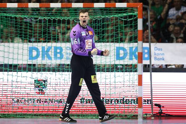 21.03.2025, xtgx, Handball, Daikin HBL, SC Magdeburg - Füchse Berlin emspor v.l. Sergey Hernandez Ferrer (Magdeburg, 1) Jubelt ueber gehaltenen Ball, abgewehrt, gehalten, Torhueter Magdeburg