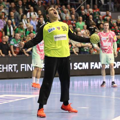 21.03.2025, xtgx, Handball, Daikin HBL, SC Magdeburg - Füchse Berlin emspor v.l. Dejan Milosavljev (Berlin, 96) Jubelt ueber gehaltenen Ball, abgewehrt, gehalten, Torhueter Magdeburg