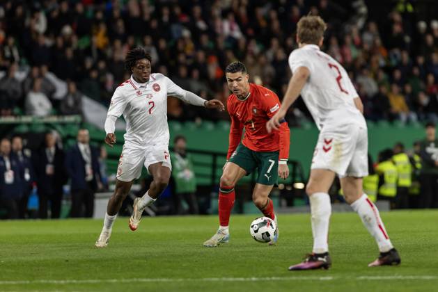 March 23, 2025, Lisbon, Portugal: Cristiano Ronaldo (C) of Portugal seen in action during the UEFA Nations League quarter-finals 2nd leg match between Portugal and Denmark at Estadio Jose Alvalade. Lisbon Portugal - ZUMAs197 20250323_aaa_s197_362 Copyright: xHugoxAmaralx