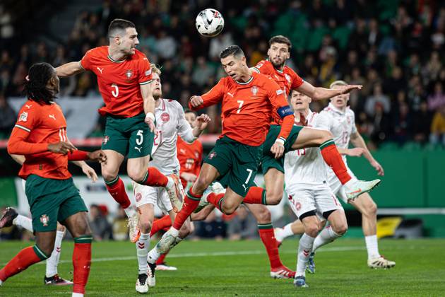 March 23, 2025, Lisbon, Portugal: Cristiano Ronaldo, Diogo Dalot and Ruben Dias of Portugal seen in action during the UEFA Nations League Quarterfinal Leg Two match between Portugal and Denmark at Estadio Jose Alvalade. Lisbon Portugal - ZUMAs197 20250323_aaa_s197_453 Copyright: xDavidxMartinsx