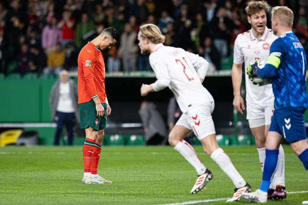 March 23, 2025, Lisbon, Portugal: Cristiano Ronaldo (L) of Portugal reacts during the UEFA Nations League Quarterfinal Leg Two match between Portugal and Denmark at Estadio Jose Alvalade. Lisbon Portugal - ZUMAs197 20250323_aaa_s197_490 Copyright: xDavidxMartinsx