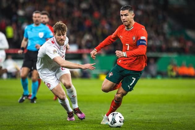 March 23, 2025, Lisbon, Portugal: Cristiano Ronaldo of Portugal (R) and Joachim Andersen of Denmark (L) during the UEFA Nations League Quarterfinal Leg Two match between Portugal and Denmark at Estadio Jose Alvalade. Lisbon Portugal - ZUMAs197 20250323_aaa_s197_513 Copyright: xHenriquexCasinhasx