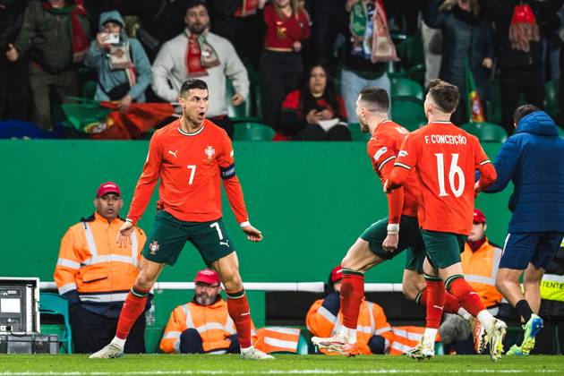 March 23, 2025, Lisbon, Portugal: Cristiano Ronaldo of Portugal celebrates a goal during the UEFA Nations League Quarterfinal Leg Two match between Portugal and Denmark at Estadio Jose Alvalade. Lisbon Portugal - ZUMAs197 20250323_aaa_s197_528 Copyright: xHenriquexCasinhasx