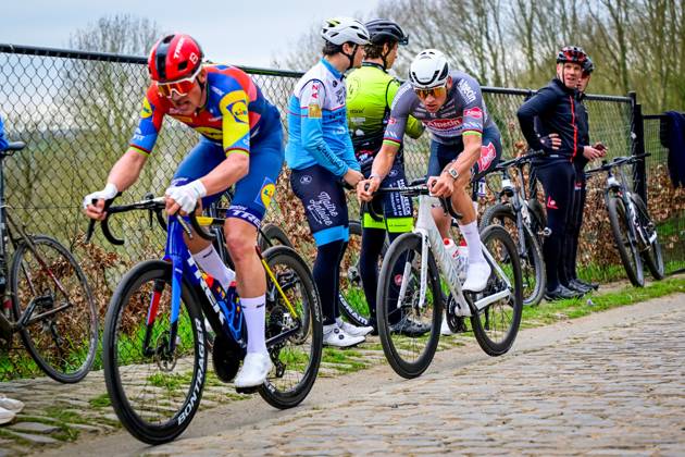 Danish Mads Pedersen of Lidl-Trek and Dutch Mathieu van der Poel of Alpecin-Deceuninck pictured in action during the E3 Saxo Bank Classic one day cycling race, 208,8 km from and to Harelbeke, on Friday 28 March 2025. DIRKxWAEM x116533114x