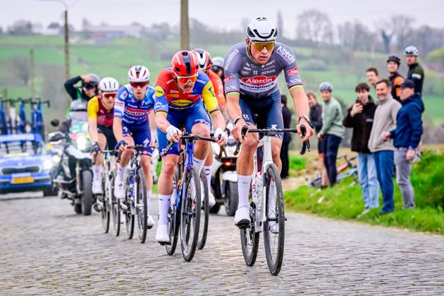 Danish Mads Pedersen of Lidl-Trek and Dutch Mathieu van der Poel of Alpecin-Deceuninck pictured in action during the E3 Saxo Bank Classic one day cycling race, 208,8 km from and to Harelbeke, on Friday 28 March 2025. DIRKxWAEM x116537066x