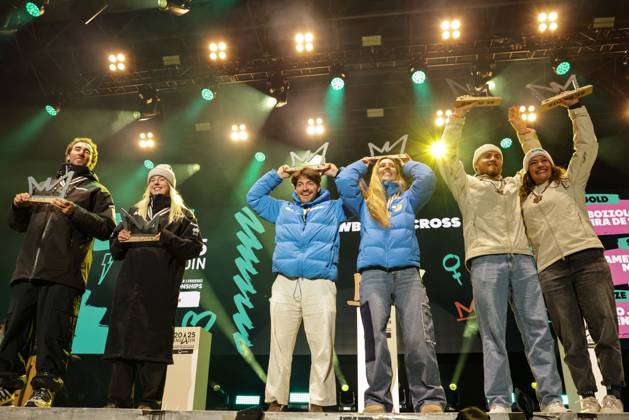 FREE STYLE, SNOWBOARD - FIS SX and SB WC Engadin 2025 SANKT MORITZ,SWITZERLAND,29.MAR.25 - SNOWBOARD - FIS Freestyle Ski and Snowboard World Championships, Champions Celebration, award ceremony, Snowboard Cross, mixed team. Image shows Cameron Bolton, Mia Clift (AUS), Loan Bozzolo, Julia Pereira de Sousa (FRA) Valerio Jud and Sina Siegenthaler (SUI). Keywords: trophy.  GEPAxpictures xMatthiasxTrinkl