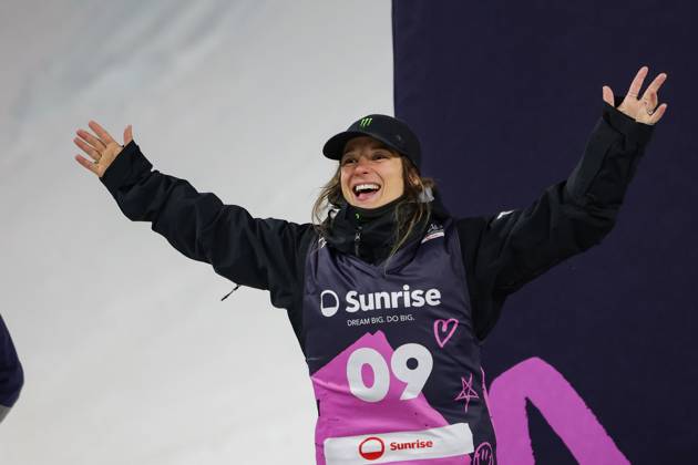 FREE STYLE, SNOWBOARD - FIS SX and SB WC Engadin 2025 SANKT MORITZ,SWITZERLAND,29.MAR.25 - FREE SKI - FIS Freestyle Ski and Snowboard World Championships, Big Air, finals, ladies, men. Image shows the rejoicing of Sarah Hoefflin (SUI).  GEPAxpictures xMatthiasxTrinkl