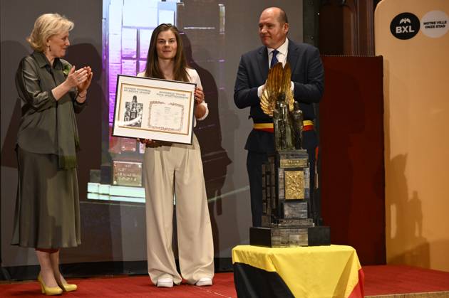 Princess Astrid of Belgium, Belgian Lotte Kopecky and Bruxelles-Brussel mayor Philippe Close pictured during the award ceremony for the National Trophy of Sports Merit 2024 (Trophee National du Merite Sportif - Nationale Trofee voor Sportverdienste), at the Brussels City Hall, . DIRKxWAEM  x117614774x