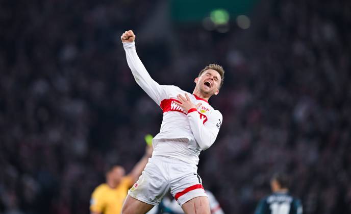 Sport Bilder des Tages Fußball, DFB-Pokal, VfB Stuttgart - RB Leipzig Maximilian Mittelstaedt (VfB Stuttgart) bejubelt den Sieg waehrend des DFB-Pokal - Halbfinal Spiels zwischen VfB Stuttgart und RB Leipzig in der MHP Arena am 02. April 2025 in Stuttgart, Deutschland. (Foto von Silas Schüller DeFodi Images) +++ Maximilian Mittelstaedt (VfB Stuttgart) celebrates the win during the DFB-Pokal - Semifinals match between VfB Stuttgart and RB Leipzig at MHP Arena on April 2, 2025 in Stuttgart, Germany. (Photo by Silas Schüller DeFodi Images) DFB DFL REGULATIONS PROHIBIT ANY USE OF PHOTOGRAPHS AS IMAGE SEQUENCES AND OR QUASI-VIDEO. (Photo by Silas Schueller DeFodi Images)