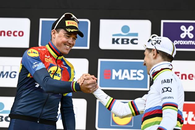 Danish Mads Pedersen of Lidl-Trek and Slovenian Tadej Pogacar of UAE Team Emirates pictured on the podium after the men s race of the Ronde van Vlaanderen Tour des Flandres Tour of Flanders one day cycling race, 268,9km from Brugge to Oudenaarde, Sunday 06 April 2025. ERICxLALMAND x119658502x