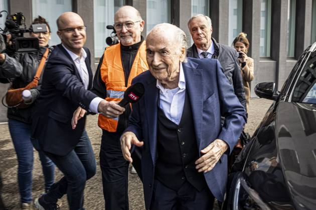 Former FIFA president Sepp Blatter reacts when leaving the courthouse after the verdict of an appeal by Swiss Attorney General s office against former UEFA and FIFA presidents over a suspected fraudulent payment, in Muttenz, Basel, on March 25, 2025. Muttenz Muttenz Court Basel Switzerland