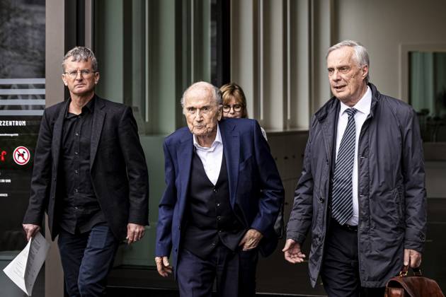 Former FIFA president Sepp Blatter reacts when leaving the courthouse after the verdict of an appeal by Swiss Attorney General s office against former UEFA and FIFA presidents over a suspected fraudulent payment, in Muttenz, Basel, on March 25, 2025. Muttenz Muttenz Court Basel Switzerland