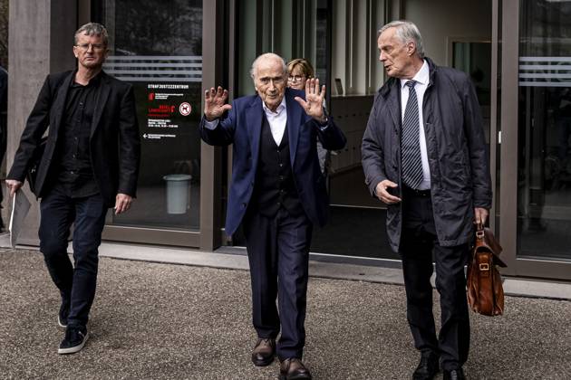 Former FIFA president Sepp Blatter reacts when leaving the courthouse after the verdict of an appeal by Swiss Attorney General s office against former UEFA and FIFA presidents over a suspected fraudulent payment, in Muttenz, Basel, on March 25, 2025. Muttenz Muttenz Court Basel Switzerland