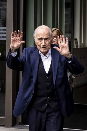 Former FIFA president Sepp Blatter reacts when leaving the courthouse after the verdict of an appeal by Swiss Attorney General s office against former UEFA and FIFA presidents over a suspected fraudulent payment, in Muttenz, Basel, on March 25, 2025. Muttenz Muttenz Court Basel Switzerland