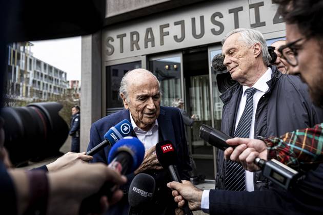 Former FIFA president Sepp Blatter reacts when leaving the courthouse after the verdict of an appeal by Swiss Attorney General s office against former UEFA and FIFA presidents over a suspected fraudulent payment, in Muttenz, Basel, on March 25, 2025. Muttenz Muttenz Court Basel Switzerland