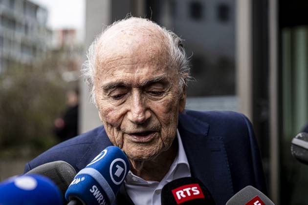 Former FIFA president Sepp Blatter reacts when leaving the courthouse after the verdict of an appeal by Swiss Attorney General s office against former UEFA and FIFA presidents over a suspected fraudulent payment, in Muttenz, Basel, on March 25, 2025. Muttenz Muttenz Court Basel Switzerland