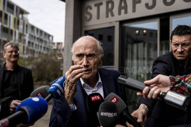 Former FIFA president Sepp Blatter reacts when leaving the courthouse after the verdict of an appeal by Swiss Attorney General s office against former UEFA and FIFA presidents over a suspected fraudulent payment, in Muttenz, Basel, on March 25, 2025. Muttenz Muttenz Court Basel Switzerland