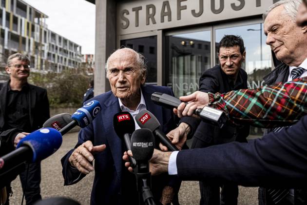 Former FIFA president Sepp Blatter reacts when leaving the courthouse after the verdict of an appeal by Swiss Attorney General s office against former UEFA and FIFA presidents over a suspected fraudulent payment, in Muttenz, Basel, on March 25, 2025. Muttenz Muttenz Court Basel Switzerland