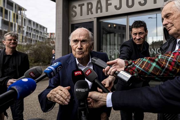 Former FIFA president Sepp Blatter reacts when leaving the courthouse after the verdict of an appeal by Swiss Attorney General s office against former UEFA and FIFA presidents over a suspected fraudulent payment, in Muttenz, Basel, on March 25, 2025. Muttenz Muttenz Court Basel Switzerland