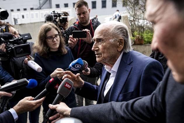Former FIFA president Sepp Blatter reacts when leaving the courthouse after the verdict of an appeal by Swiss Attorney General s office against former UEFA and FIFA presidents over a suspected fraudulent payment, in Muttenz, Basel, on March 25, 2025. Muttenz Muttenz Court Basel Switzerland
