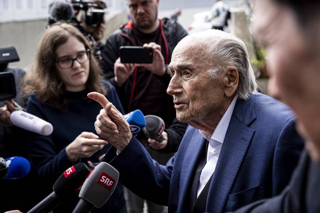 Former FIFA president Sepp Blatter reacts when leaving the courthouse after the verdict of an appeal by Swiss Attorney General s office against former UEFA and FIFA presidents over a suspected fraudulent payment, in Muttenz, Basel, on March 25, 2025. Muttenz Muttenz Court Basel Switzerland