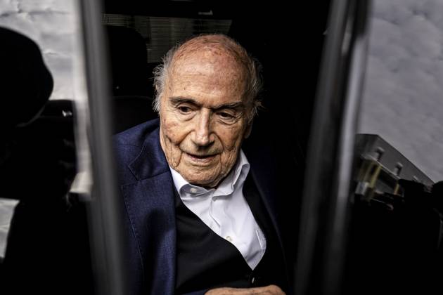 Former FIFA president Sepp Blatter reacts when leaving the courthouse after the verdict of an appeal by Swiss Attorney General s office against former UEFA and FIFA presidents over a suspected fraudulent payment, in Muttenz, Basel, on March 25, 2025. Muttenz Muttenz Court Basel Switzerland