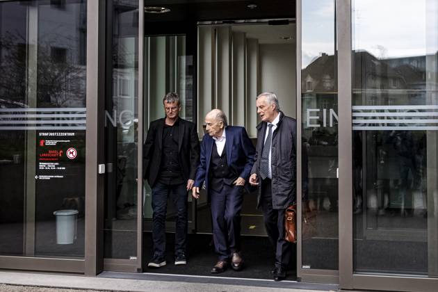 Former FIFA president Sepp Blatter reacts when leaving the courthouse after the verdict of an appeal by Swiss Attorney General s office against former UEFA and FIFA presidents over a suspected fraudulent payment, in Muttenz, Basel, on March 25, 2025. Muttenz Muttenz Court Basel Switzerland
