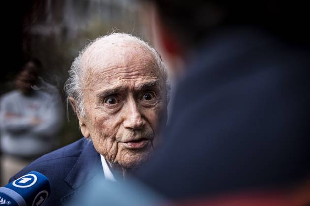 Former FIFA president Sepp Blatter reacts when leaving the courthouse after the verdict of an appeal by Swiss Attorney General s office against former UEFA and FIFA presidents over a suspected fraudulent payment, in Muttenz, Basel, on March 25, 2025. Muttenz Muttenz Court Basel Switzerland