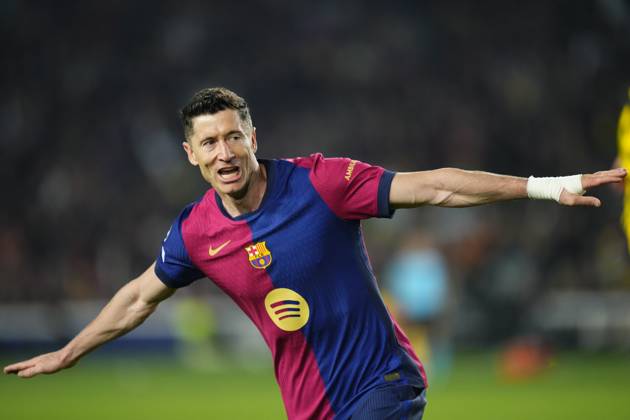 Bilder des Jahres 2025, Sport 04 April Sport Themen der Woche KW15 Sport Bilder des Tages FC Barcelona, Barca v Borussia Dortmund - UEFA Champions League 2024 25 Quarter Final First Leg Robert Lewandowski centre-forward of Barcelona and Poland celebrates after scoring his sides second goal during the UEFA Champions League 2024 25 Quarter Final First Leg match between FC Barcelona and Borussia Dortmund at Estadi Olimpic Lluis Companys on April 9, 2025 in Barcelona, Spain. Barcelona Spain  Copyright: xJosexBretonx originalFilename:bretonhernandez-fcbarcel250409_np9rK.jpg