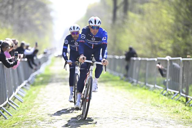 Swiss Stefan Kung of Groupama-FDJ pictured during the reconnaissance of the track of this year s one-day cycling race Paris-Roubaix, around Roubaix, France, Friday 11 April 2025. JASPERxJACOBS x120550728x