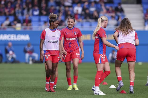 April 13, 2025, Sant Joan Despi, Barcelona, Spain: Luany da Silva and Fiamma Benite of Atletico de Madrid gestures during the Spanish Women league, Liga F, football match played between FC Barcelona, Barca and Atletico de Madrid at Johan Cruyff Stadium on April 13, 2025 in Sant Joan Despi, Spain. Sant Joan Despi Spain - ZUMAa181 20250413_zaa_a181_015 Copyright: xJavierxBorregox