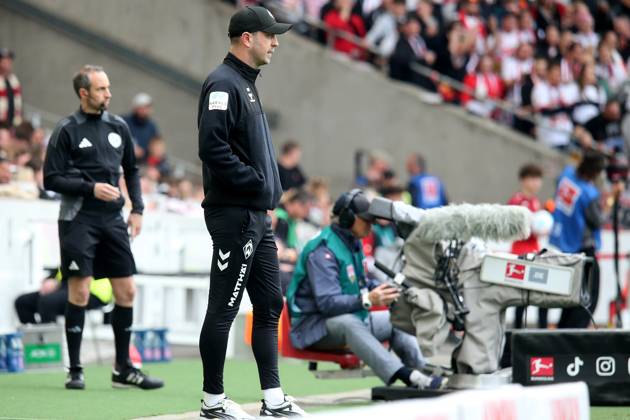 13.04.2025, xmohx, Fussball 1.Bundesliga, VfB Stuttgart - Werder Bremen v.l. Trainer Ole Werner (SV Werder Bremen) (DFL DFB REGULATIONS PROHIBIT ANY USE OF PHOTOGRAPHS as IMAGE SEQUENCES and or QUASI-VIDEO) Stuttgart
