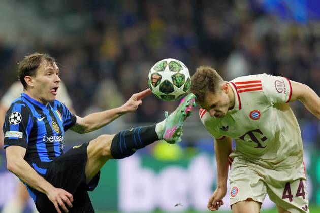 Inter MilanÕs Nicolo Barella fights for the ball with BayernÕs Josip Stanisic during the Uefa Champions League soccer match between Inter and Bayern Munich at San Siro Stadium in Milan , North Italy - , Wednesday April 16, 2025 . - Soccer Copyright: xSpada LaPressex