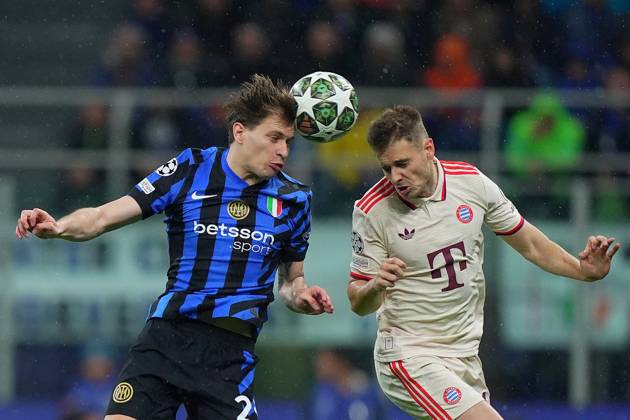 Inter MilanÕs Nicolo Barella .fights for the ball with Bayern s Josip Stanisic during the Uefa Champions League soccer match between Inter and Bayern Munich at San Siro Stadium in Milan , North Italy - , Wednesday April 16, 2025 . - Soccer Copyright: xSpada LaPressex