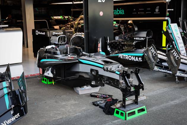 F1 - SAUDI ARABIAN GRAND PRIX 2025 Mercedes AMG F1 Team W16, mechanical detail, chassis, monocoque during the Formula 1 STC Saudi Arabian Grand Prix 2025, 5th round of the 2025 FIA Formula One World Championship, WM, Weltmeisterschaft from April 18 to 20, 2025 on the Jeddah Corniche Circuit, in Jeddah, Saudi Arabia - JeddahSaudi Arabia Copyright: xANTONINxVINCENTx